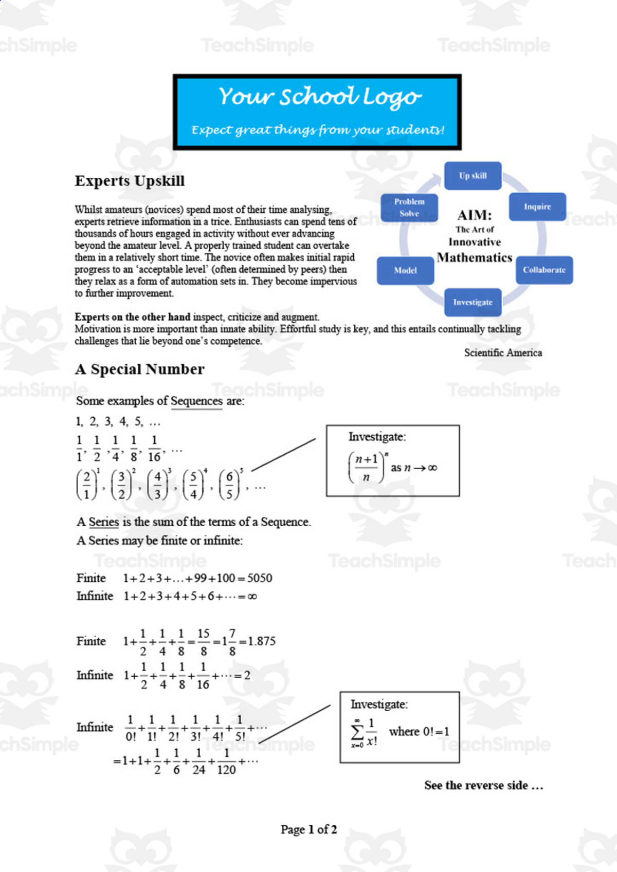 An educational teaching resource from So, what if ... by Ian F Hailes entitled Math Problem Solving & Investigation - A Special Number Math Worksheet downloadable at Teach Simple.