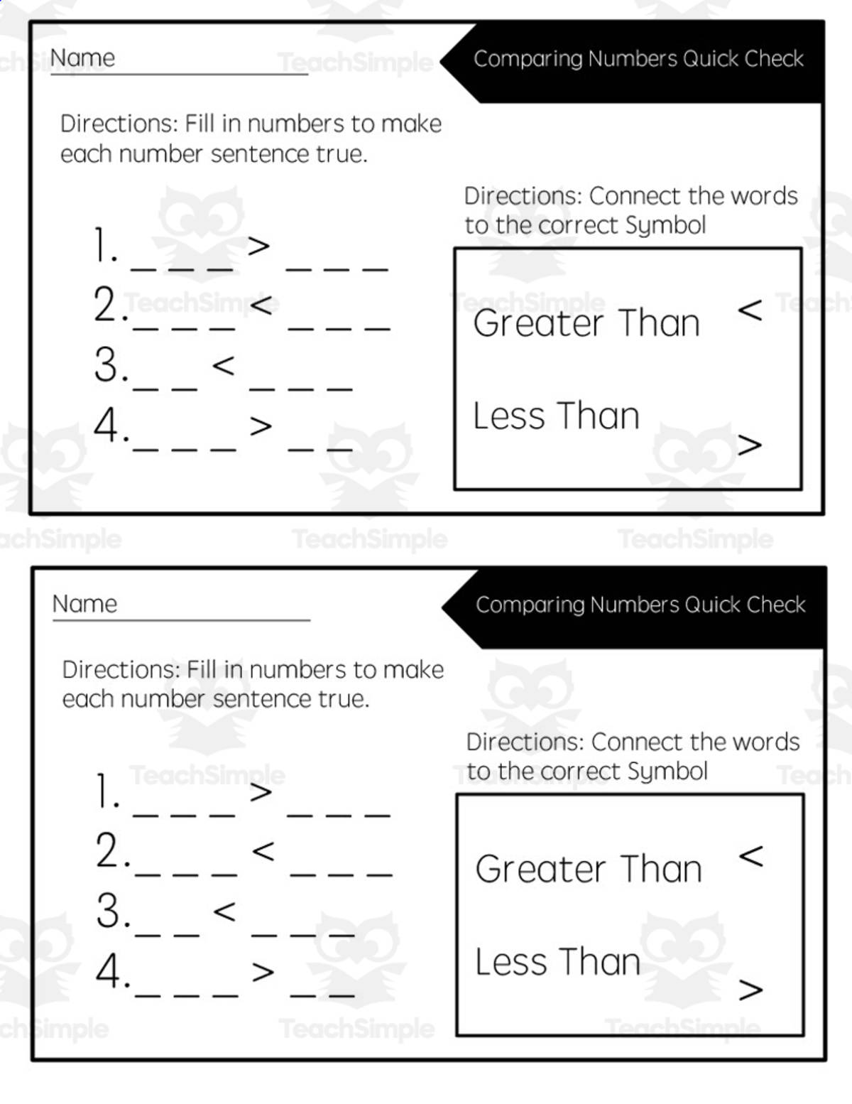 An educational teaching resource from Rebecca Hurd entitled Math Quick Check: Comparing Numbers 2 downloadable at Teach Simple.