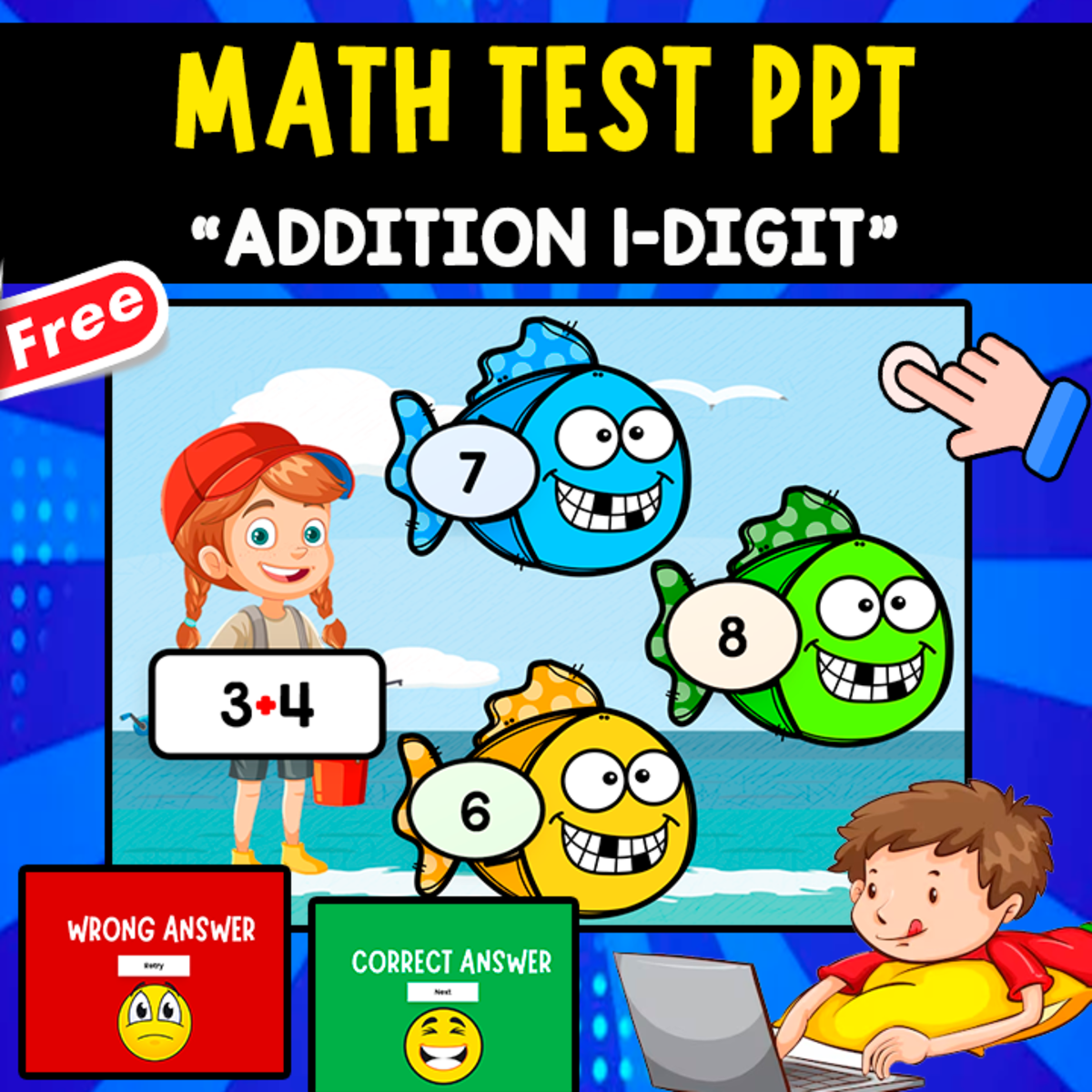 An educational teaching resource from EDITORIAL LAURA EDUCA entitled MATH QUIZ PPT | INTERACTIVE GAME | ADDITION 1-DIGIT downloadable at Teach Simple.