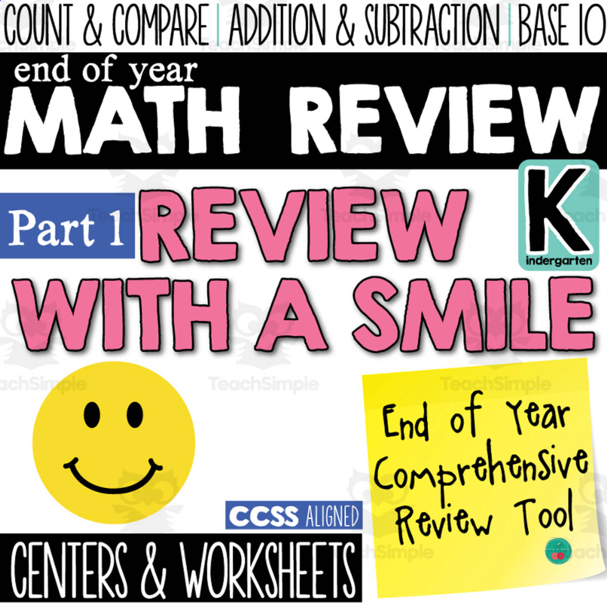 An educational teaching resource from Cherry Workshop entitled Math Review for Kindergarten "Review With a Smile" Centers, Worksheet Counting, Addition and Subtraction, Comparing Numbers or Groups of Objects, Word Problems downloadable at Teach Simple.
