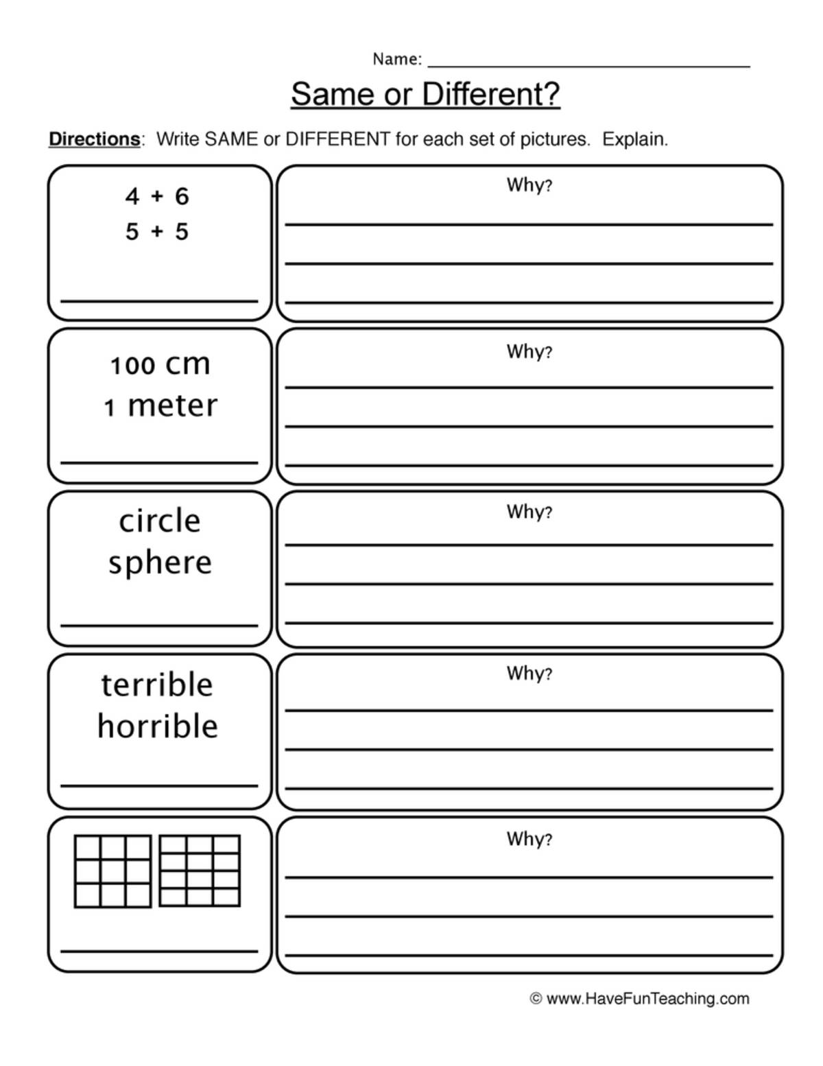 An educational teaching resource from Have Fun Teaching entitled Math Same Different Worksheet downloadable at Teach Simple.