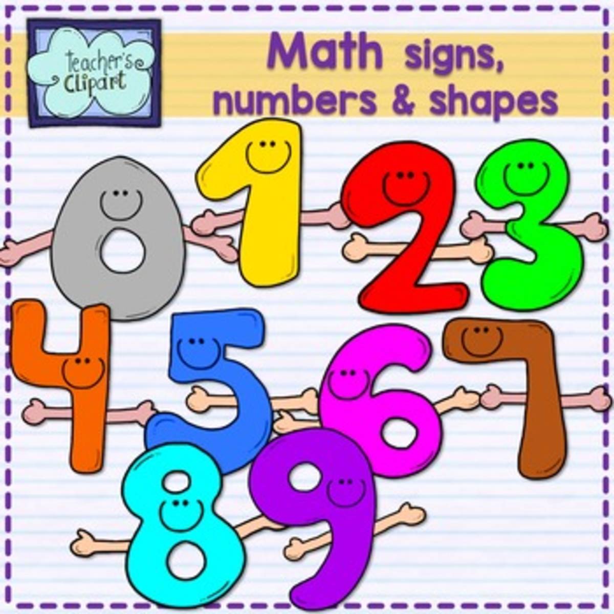 An educational teaching resource from Teacher's Clipart entitled Math Signs Numbers and Shapes Characters downloadable at Teach Simple.
