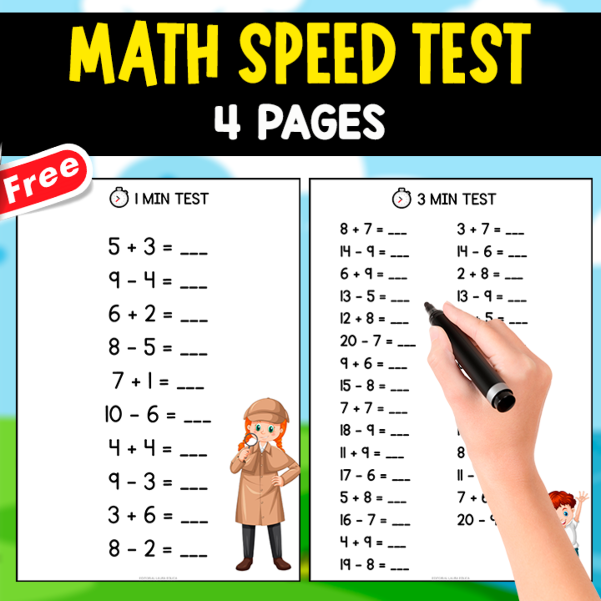 An educational teaching resource from EDITORIAL LAURA EDUCA entitled MATH SPEED TEST | 4 FREE PAGES | ADDITION+SUBTRACTION downloadable at Teach Simple.