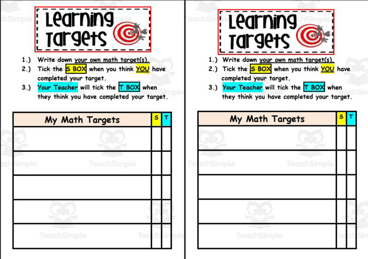 An educational teaching resource from Elementary Resources 4 U entitled Math: Students' Learning Targets downloadable at Teach Simple.