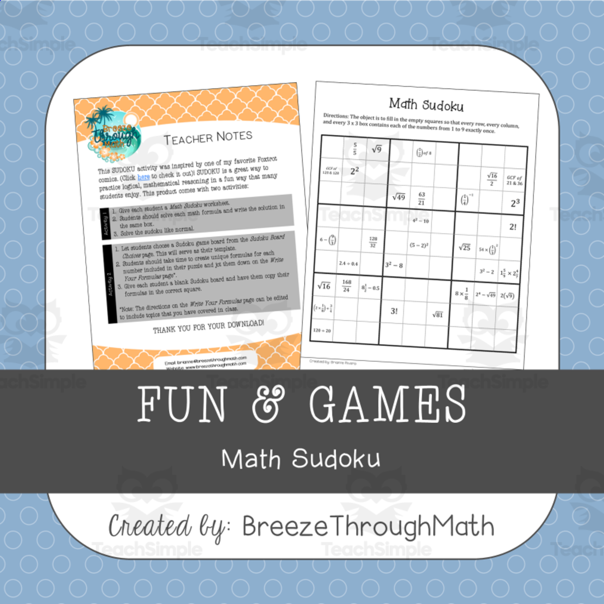 An educational teaching resource from Breeze Through Math entitled Math Sudoku downloadable at Teach Simple.