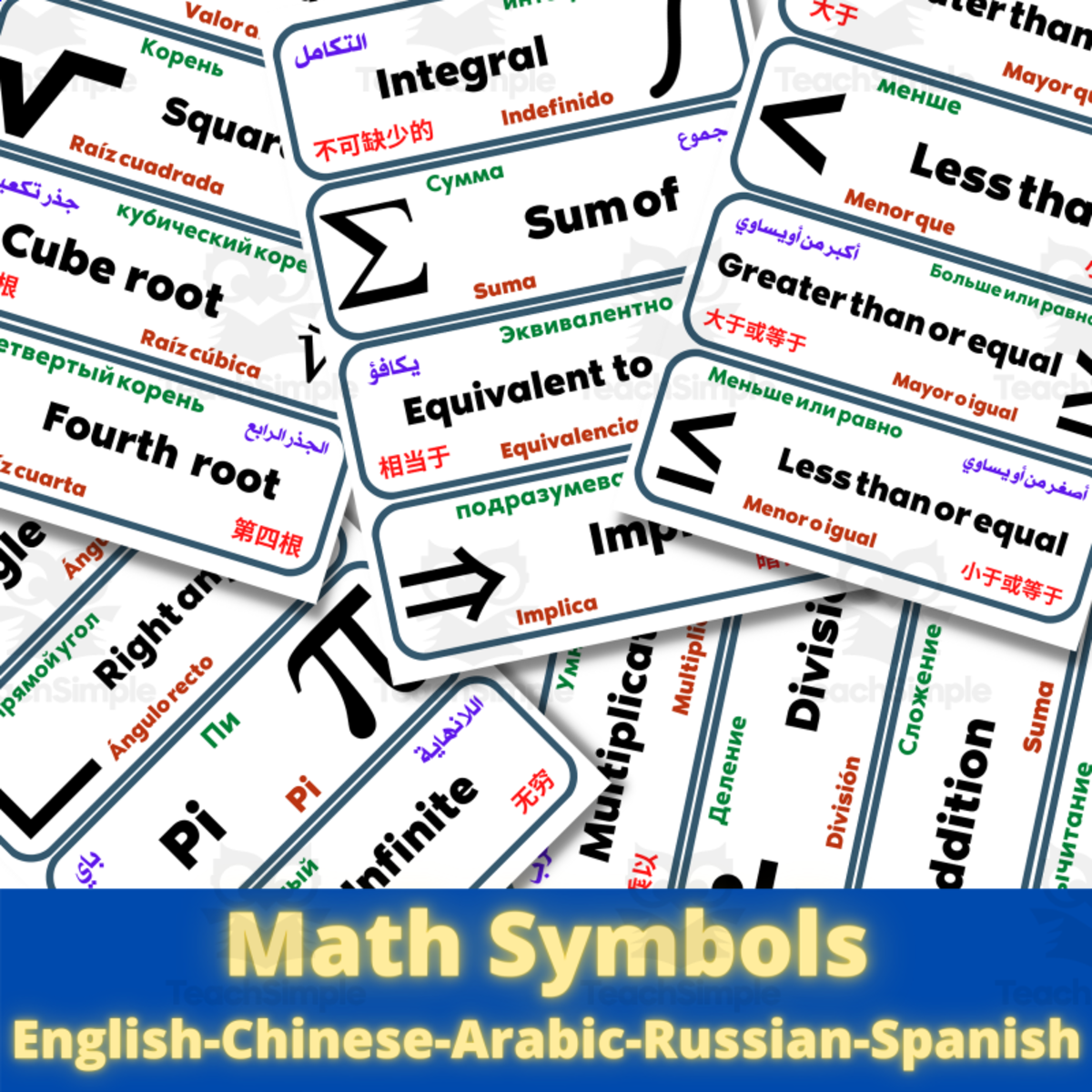 An educational teaching resource from Homeschoolingprints entitled Math Symbols Multilingual ESL English Spanish Arabic Russian & Chinese downloadable at Teach Simple.