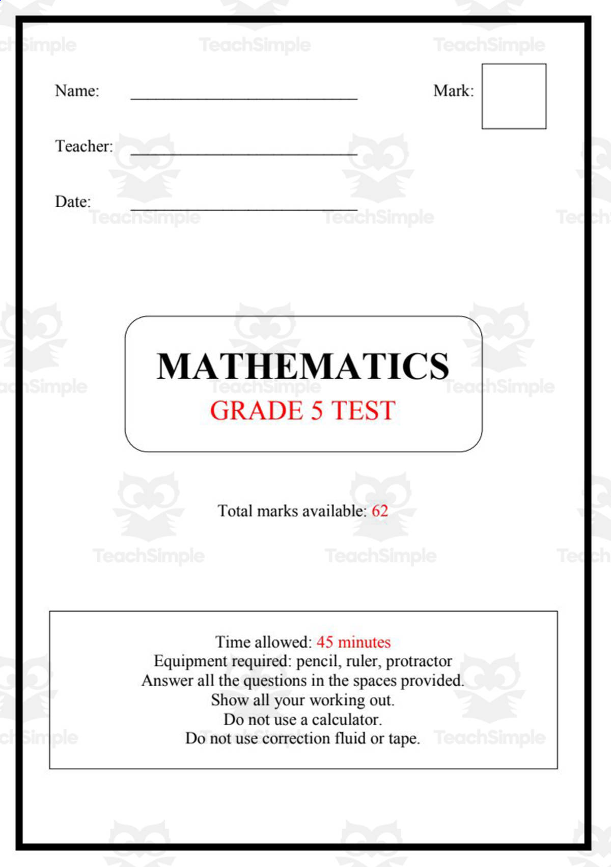 An educational teaching resource from Elementary Resources 4 U entitled Math Tests 3: Grade 5 downloadable at Teach Simple.