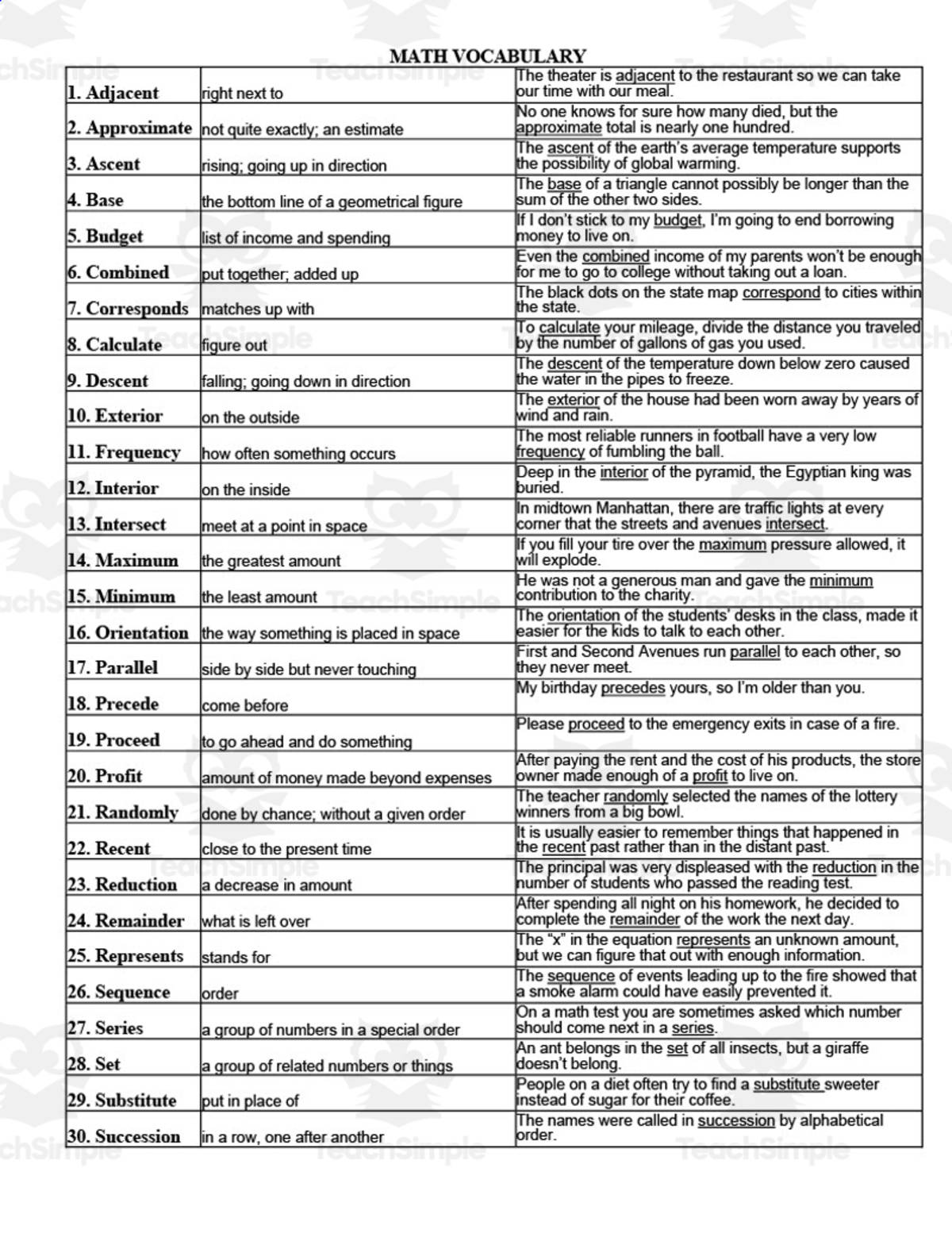 An educational teaching resource from Cogjogger entitled Math Vocabulary Words + Quizzes downloadable at Teach Simple.