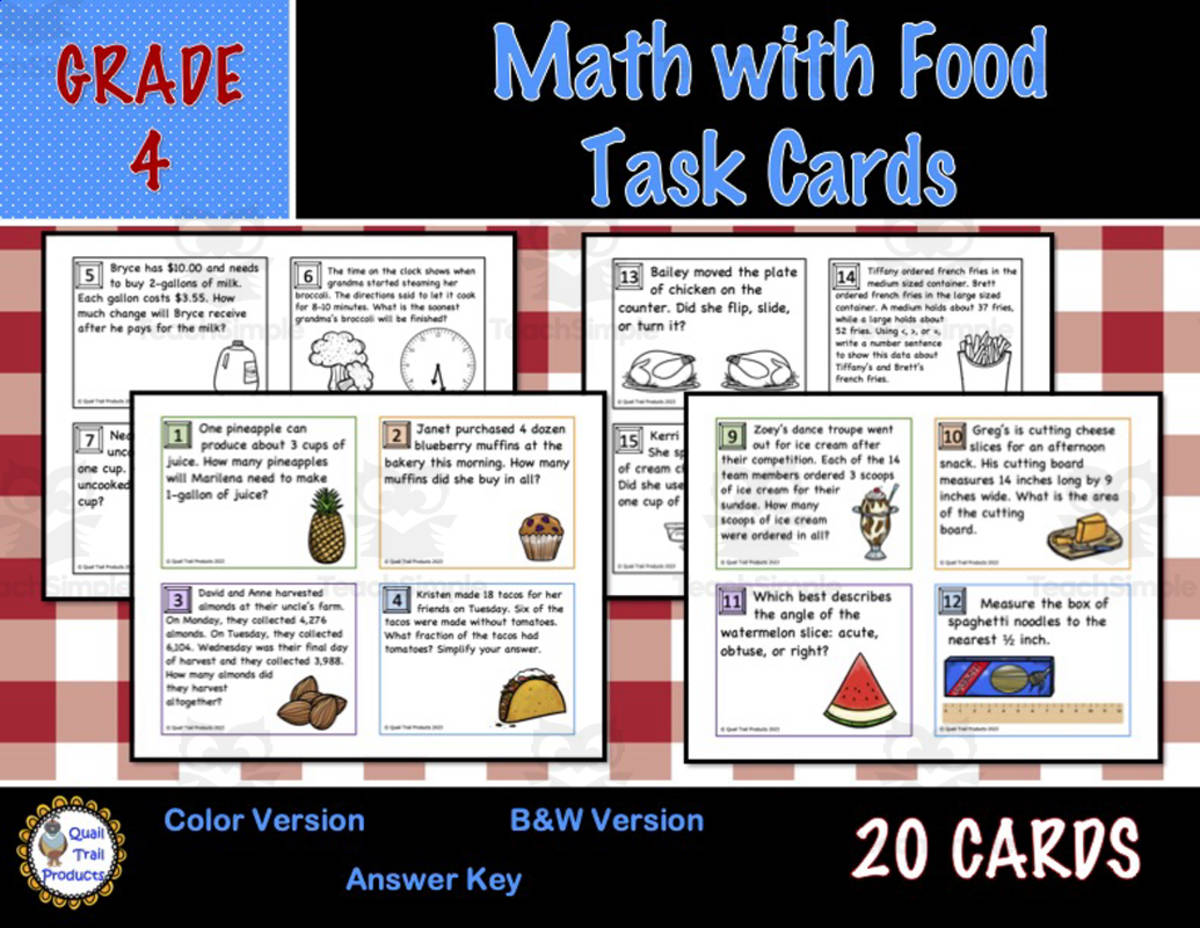 An educational teaching resource from Quail Trail Products entitled Math with Food Task Cards downloadable at Teach Simple.