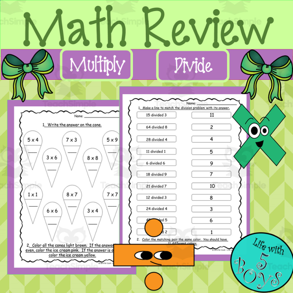 An educational teaching resource from Life with 5 Boys entitled Math Worksheets for Multiplication and Division downloadable at Teach Simple.