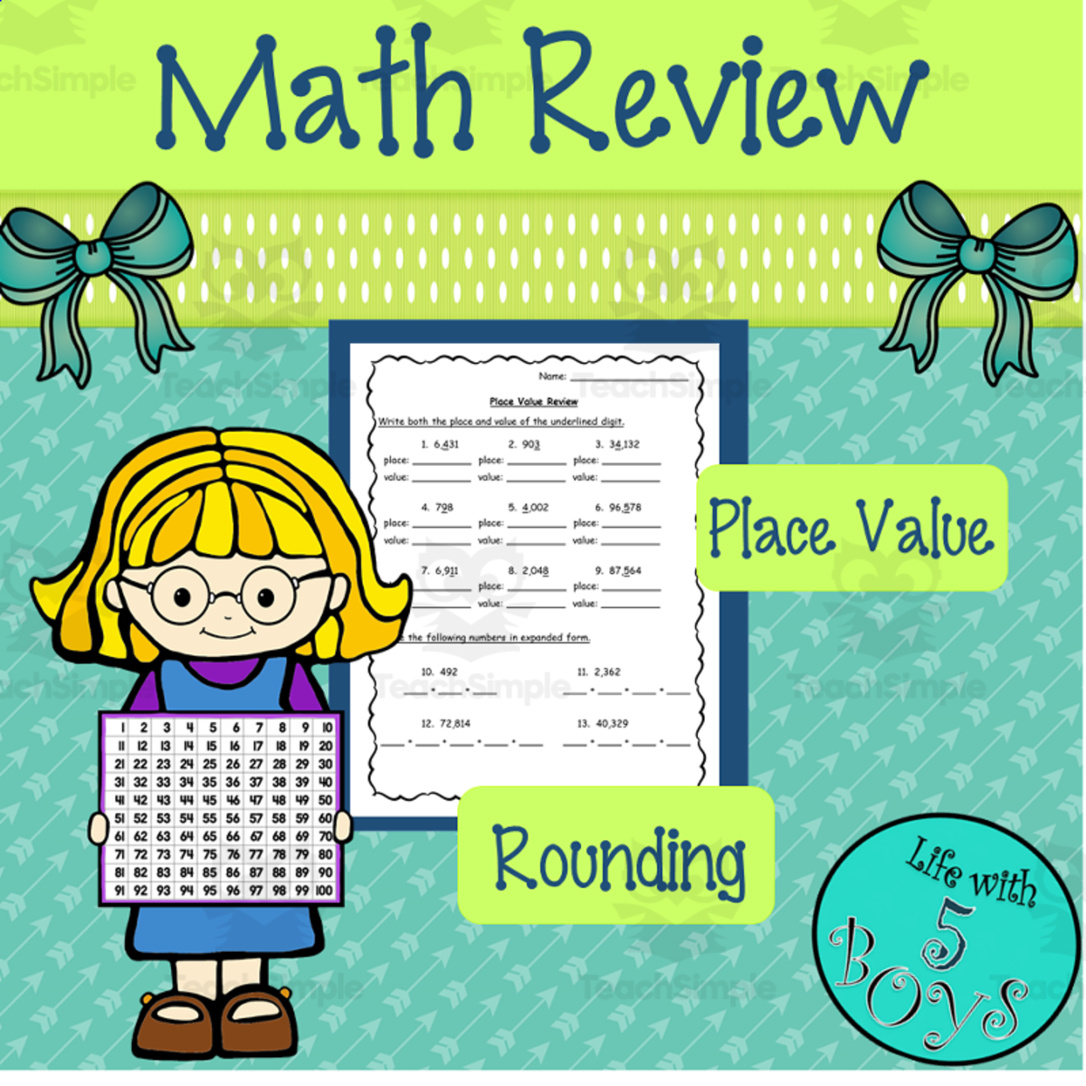 An educational teaching resource from Life with 5 Boys entitled Math Worksheets for Place Value and Rounding downloadable at Teach Simple.