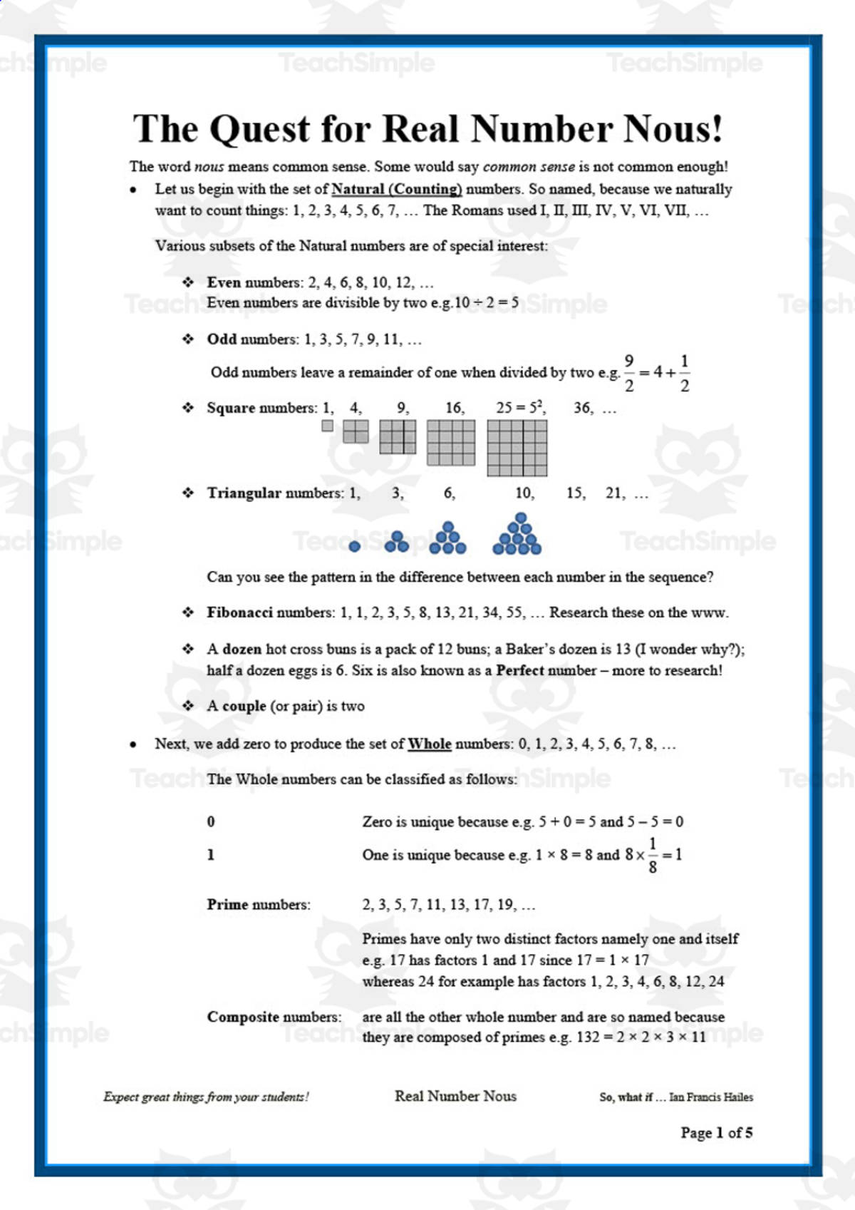 An educational teaching resource from So, what if ... by Ian F Hailes entitled Mathematical Fun: Quest for Number Nous downloadable at Teach Simple.