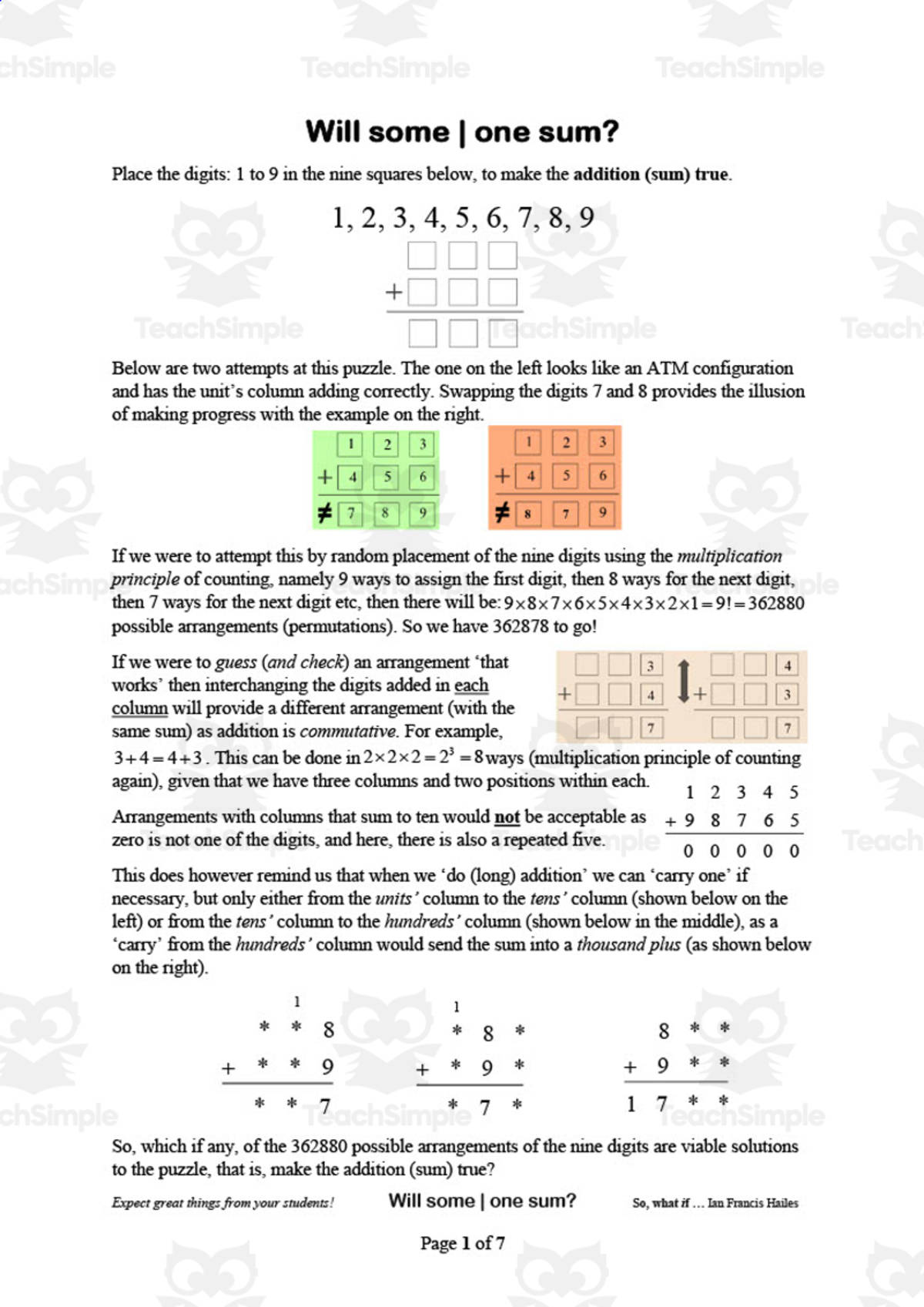 An educational teaching resource from So, what if ... by Ian F Hailes entitled Mathematical Fun: Will Some | One Sum downloadable at Teach Simple.