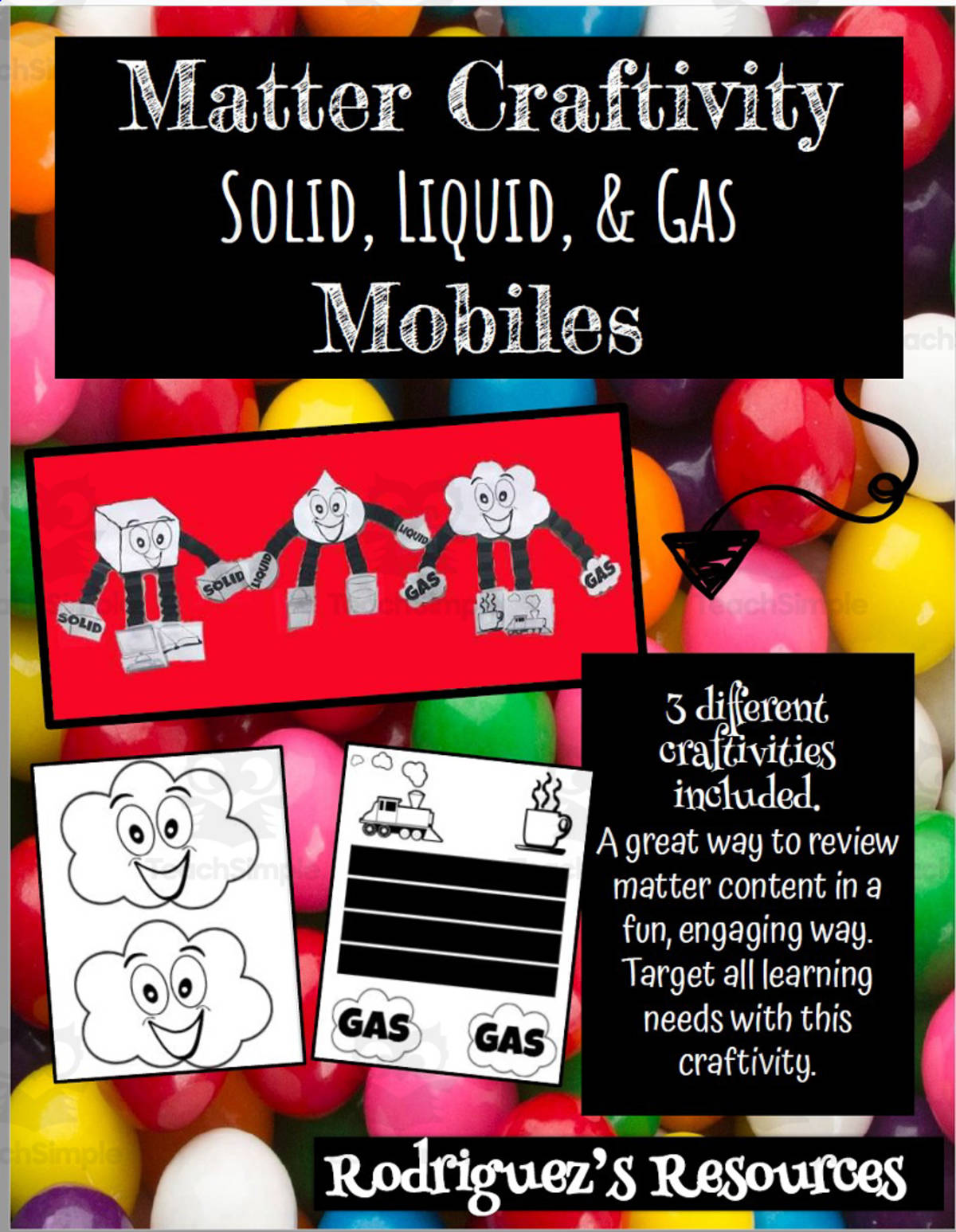 An educational teaching resource from Rodriguez's Resources entitled Matter Craftivity Solid, Liquid, & Gas Mobiles downloadable at Teach Simple.