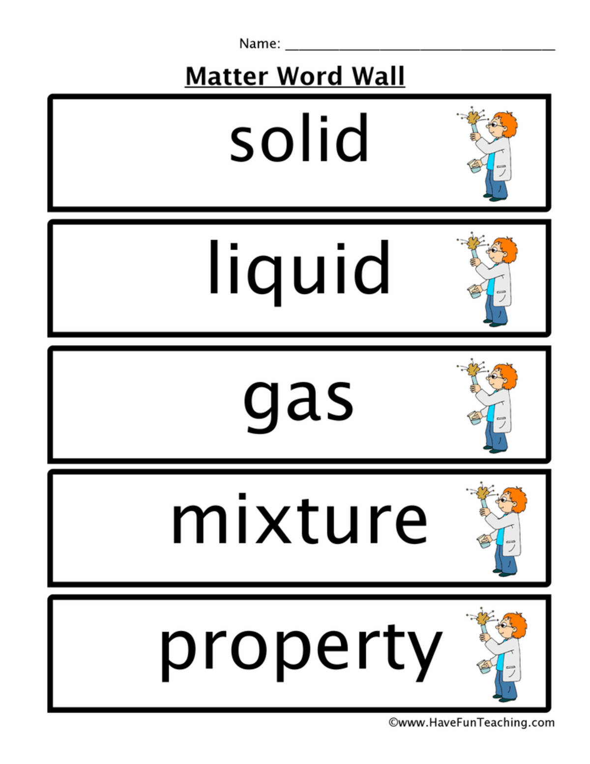 An educational teaching resource from Have Fun Teaching entitled Matter Word Wall downloadable at Teach Simple.