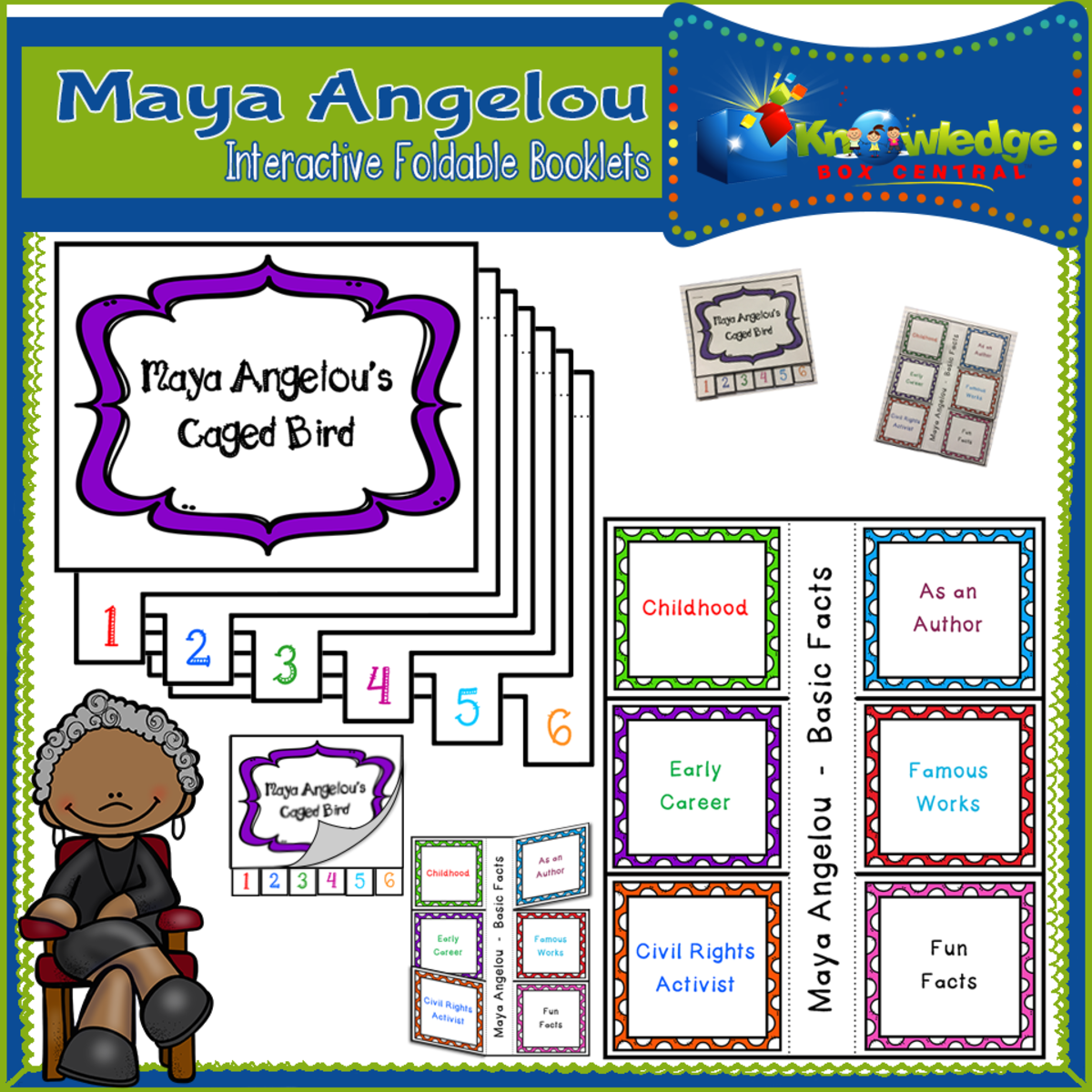 An educational teaching resource from Knowledge Box Central entitled Maya Angelou Interactive Foldable Booklets – EBOOK downloadable at Teach Simple.