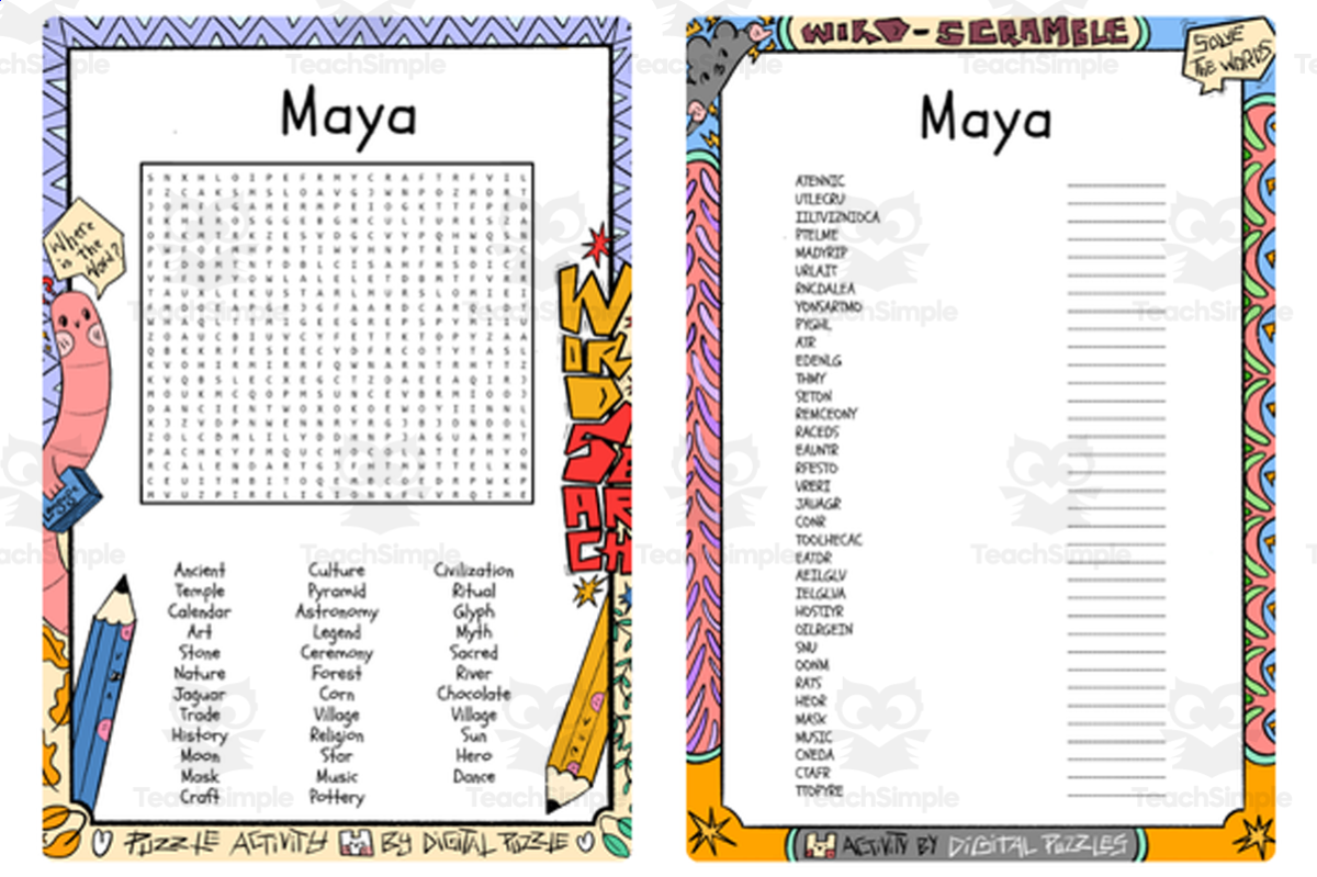 An educational teaching resource from Lapiiin Art Activities entitled Maya word search & scramble downloadable at Teach Simple.