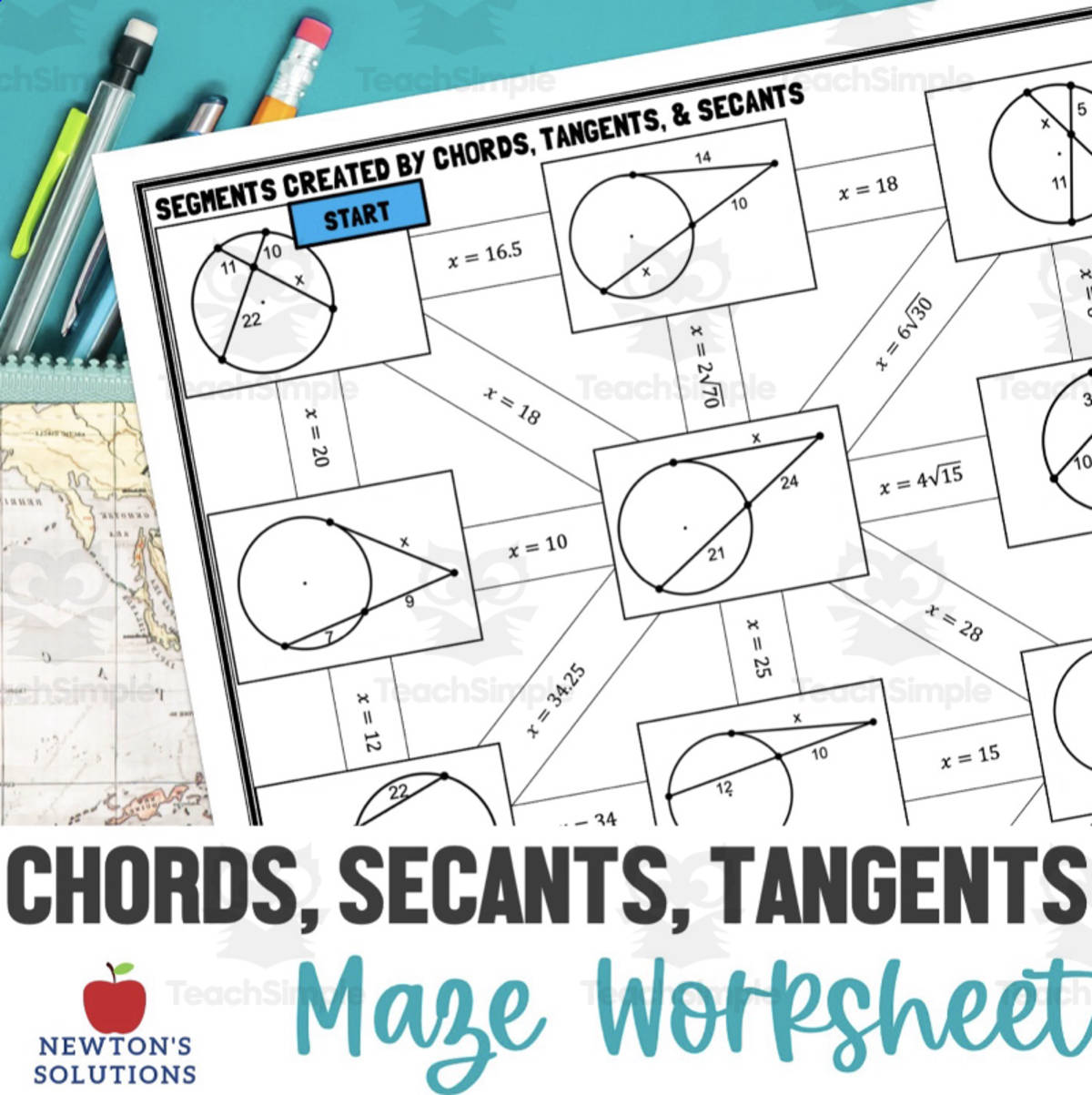 An educational teaching resource from Newtons Solutions entitled Maze Activity for Lengths of Chords, Secants, and Tangents downloadable at Teach Simple.