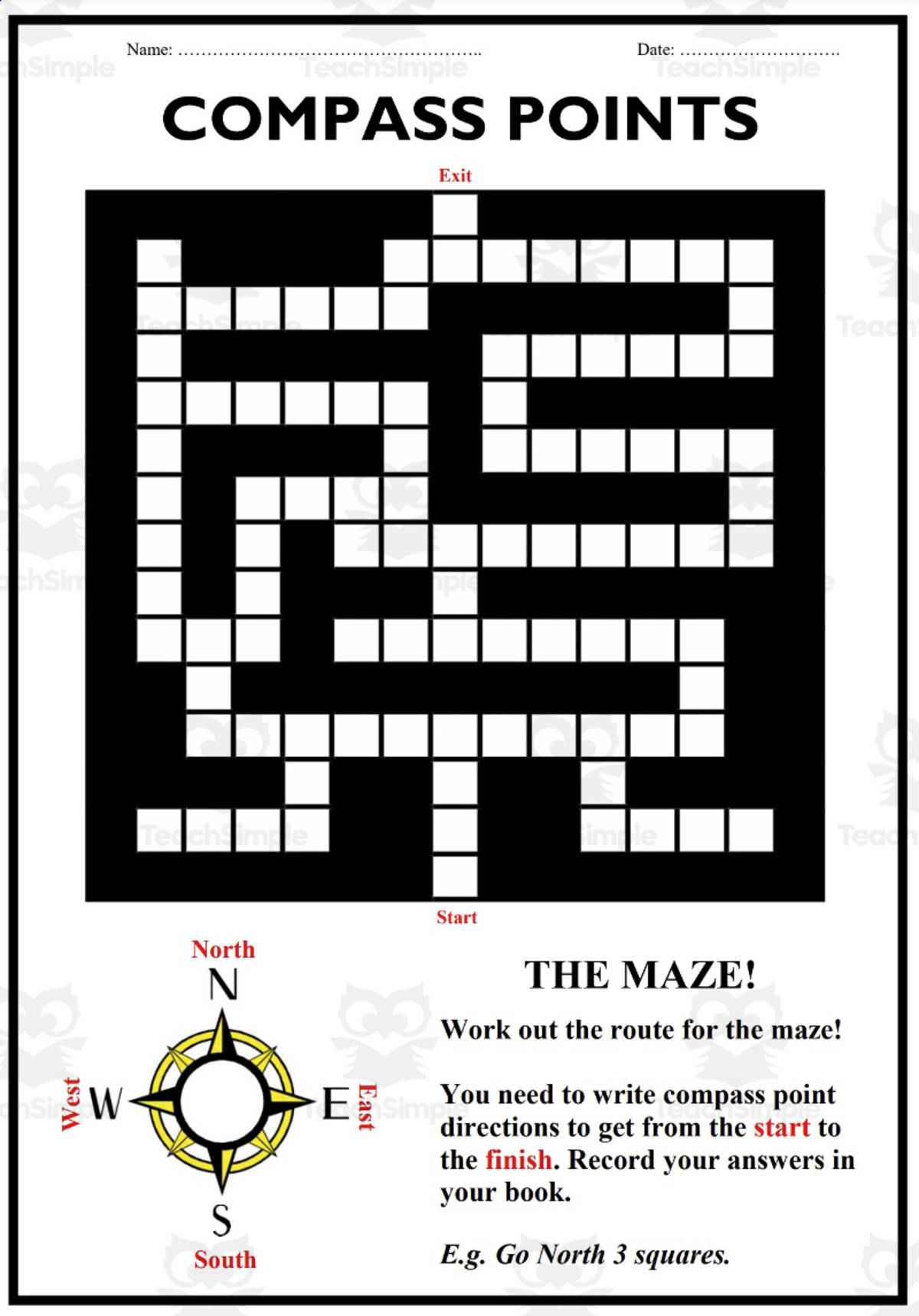 An educational teaching resource from Elementary Resources 4 U entitled Maze Puzzle: Compass Points Activity downloadable at Teach Simple.