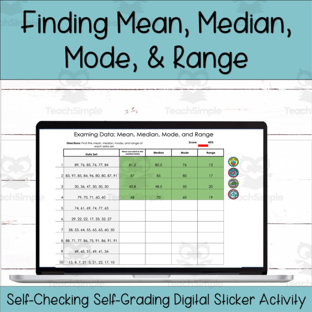 An educational teaching resource from Digitally Yours Shop entitled Mean, Median, Mode, and Range Digital Self-Checking Math Activity downloadable at Teach Simple.