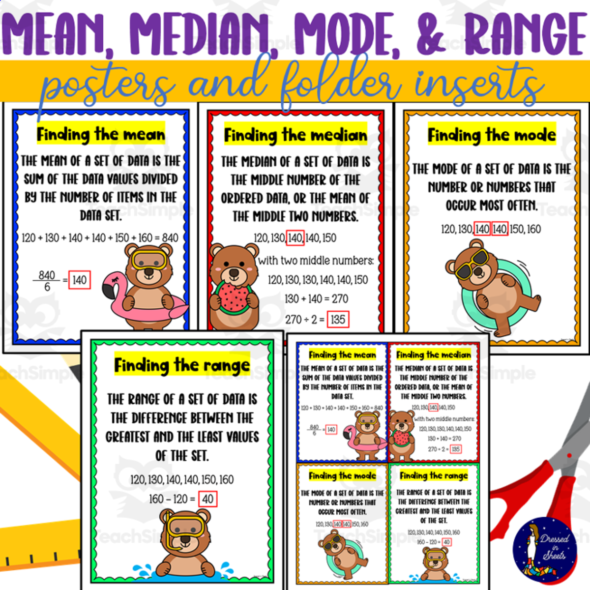 An educational teaching resource from Soumara Siddiqui entitled Mean Median Mode and Range Posters and Folder Inserts downloadable at Teach Simple.