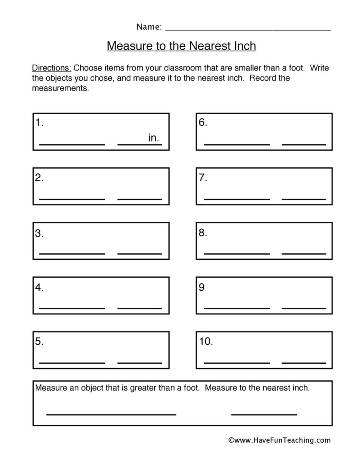An educational teaching resource from Have Fun Teaching entitled Measurement Inches Worksheet downloadable at Teach Simple.