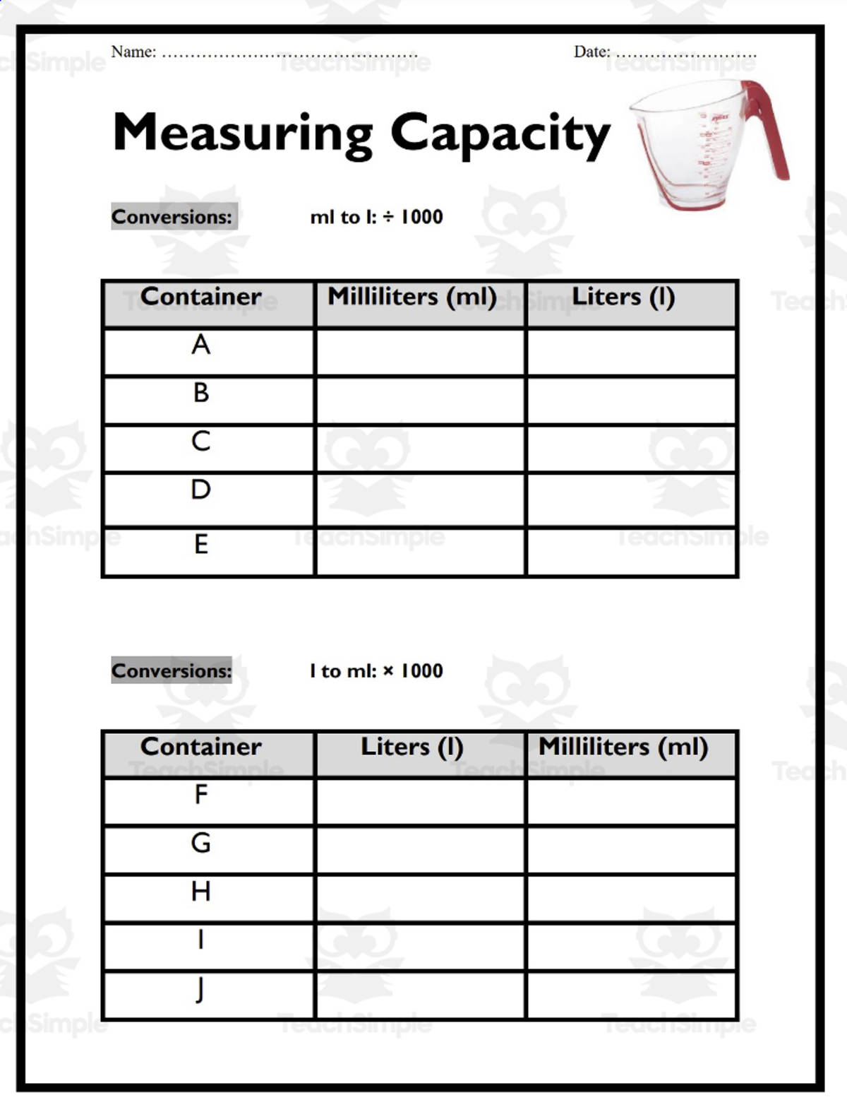 An educational teaching resource from Elementary Resources 4 U entitled Measurements: Capacity downloadable at Teach Simple.