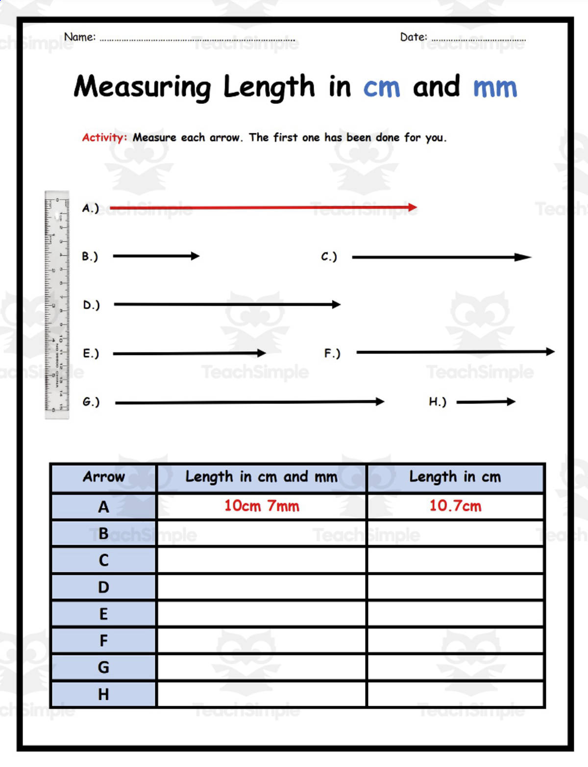 An educational teaching resource from Elementary Resources 4 U entitled Measurements: cm and mm downloadable at Teach Simple.