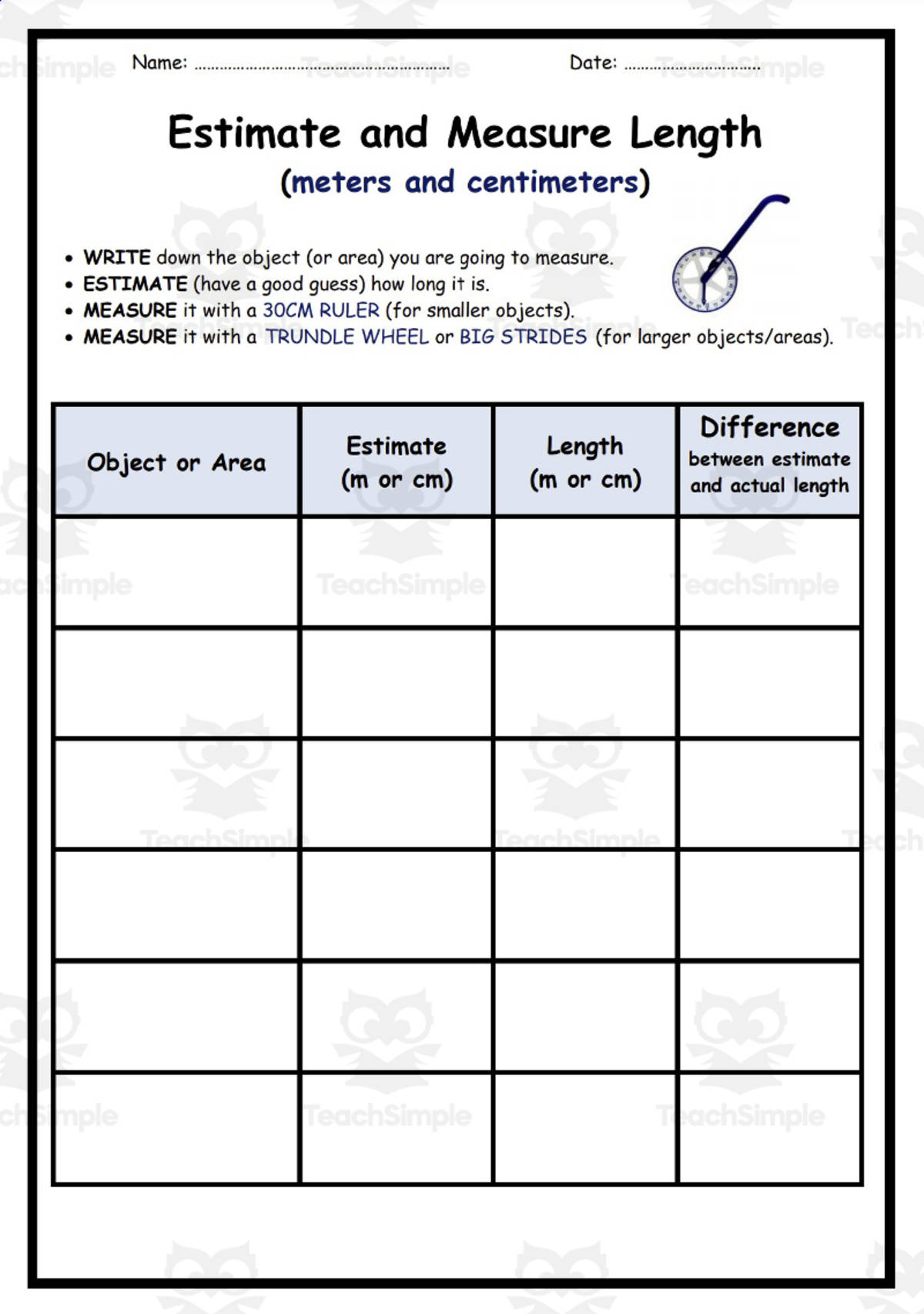 An educational teaching resource from Elementary Resources 4 U entitled Measurements: Estimate and Measure Lenght downloadable at Teach Simple.