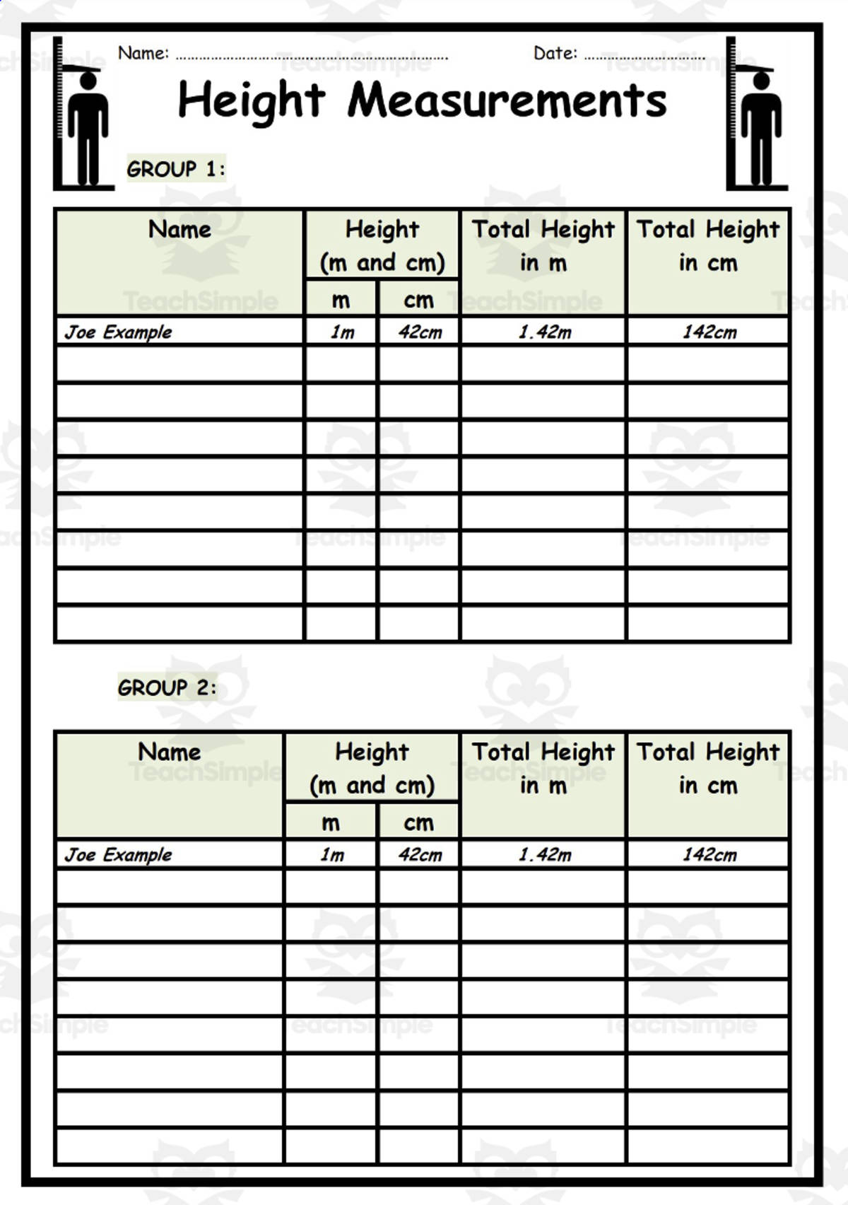 An educational teaching resource from Elementary Resources 4 U entitled Measurements: Height downloadable at Teach Simple.