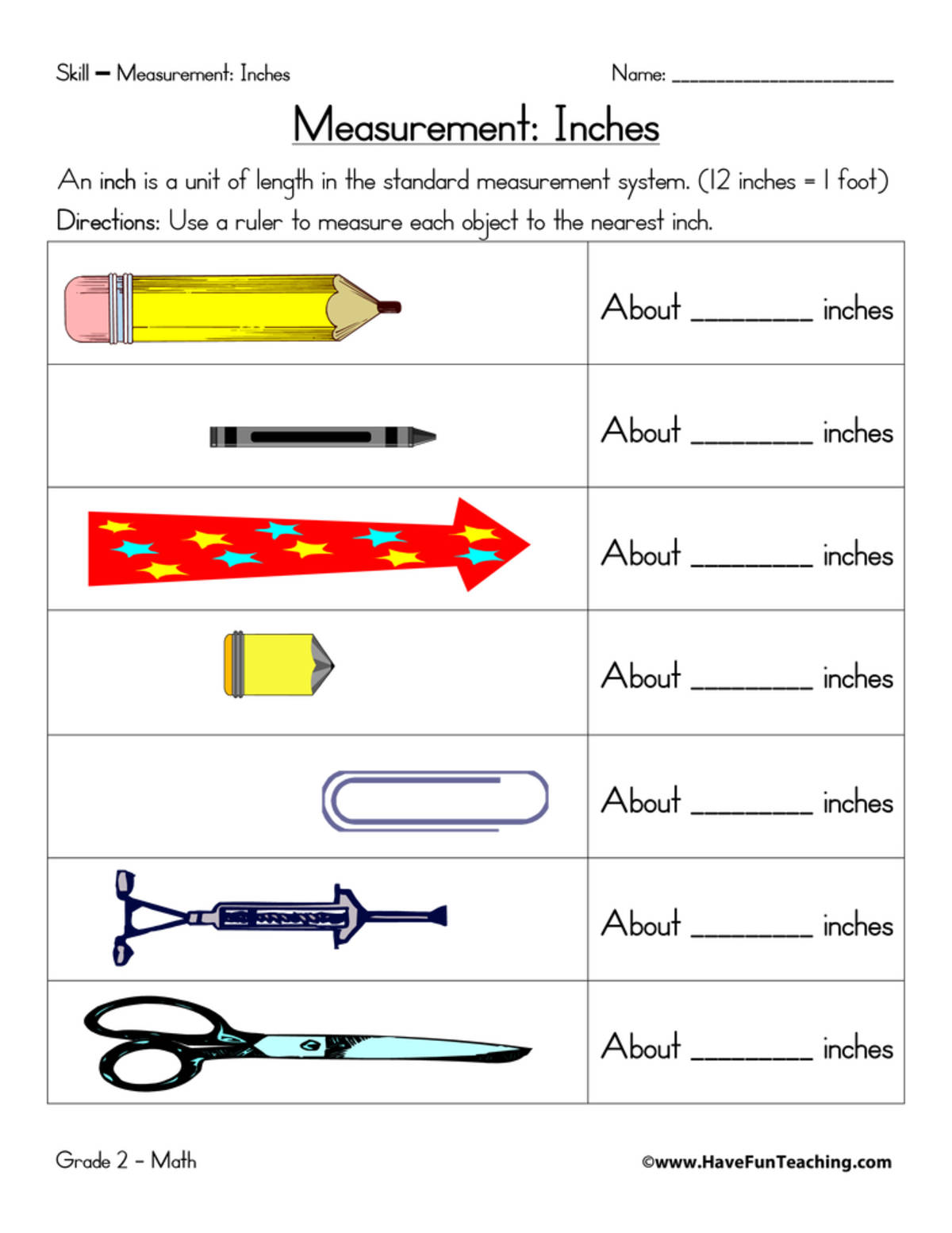 An educational teaching resource from Have Fun Teaching entitled Measuring in Inches Worksheet downloadable at Teach Simple.
