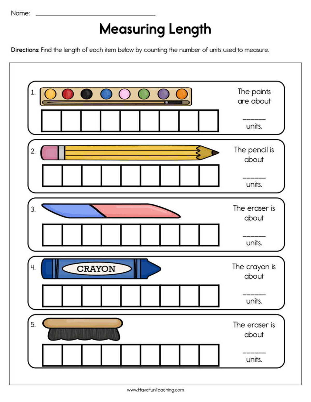 An educational teaching resource from Have Fun Teaching entitled Measuring Length Worksheet downloadable at Teach Simple.
