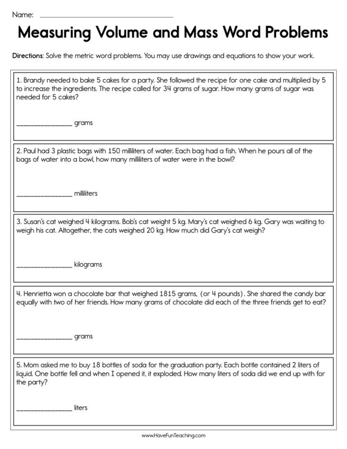 An educational teaching resource from Have Fun Teaching entitled Measuring Metric Word Problems Worksheet downloadable at Teach Simple.