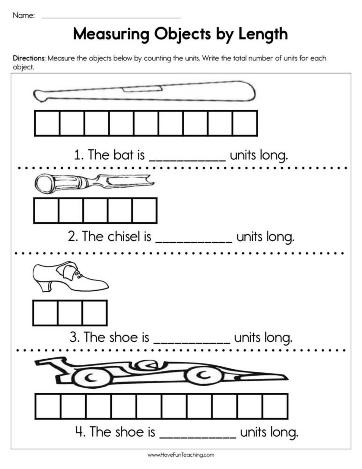 An educational teaching resource from Have Fun Teaching entitled Measuring Objects by Length Worksheet downloadable at Teach Simple.