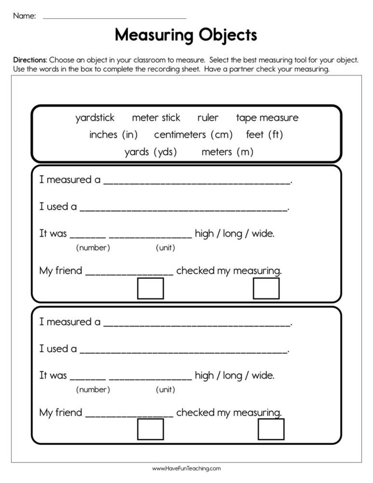 An educational teaching resource from Have Fun Teaching entitled Measuring Objects Worksheet downloadable at Teach Simple.