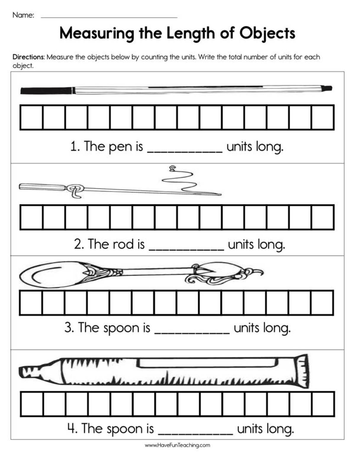 An educational teaching resource from Have Fun Teaching entitled Measuring the Length of Objects Worksheet downloadable at Teach Simple.