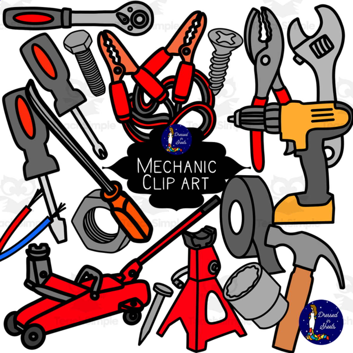 An educational teaching resource from Soumara Siddiqui entitled Mechanic Tools Clip Art – 42-Image Color & B&W Set downloadable at Teach Simple.