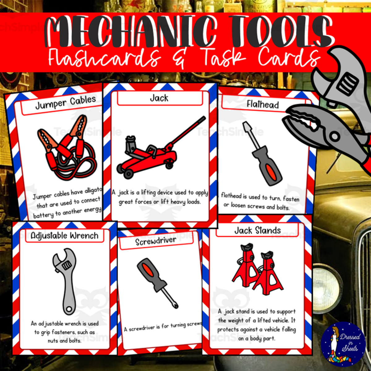 An educational teaching resource from Soumara Siddiqui entitled Mechanic Tools Flashcards and Task Cards downloadable at Teach Simple.
