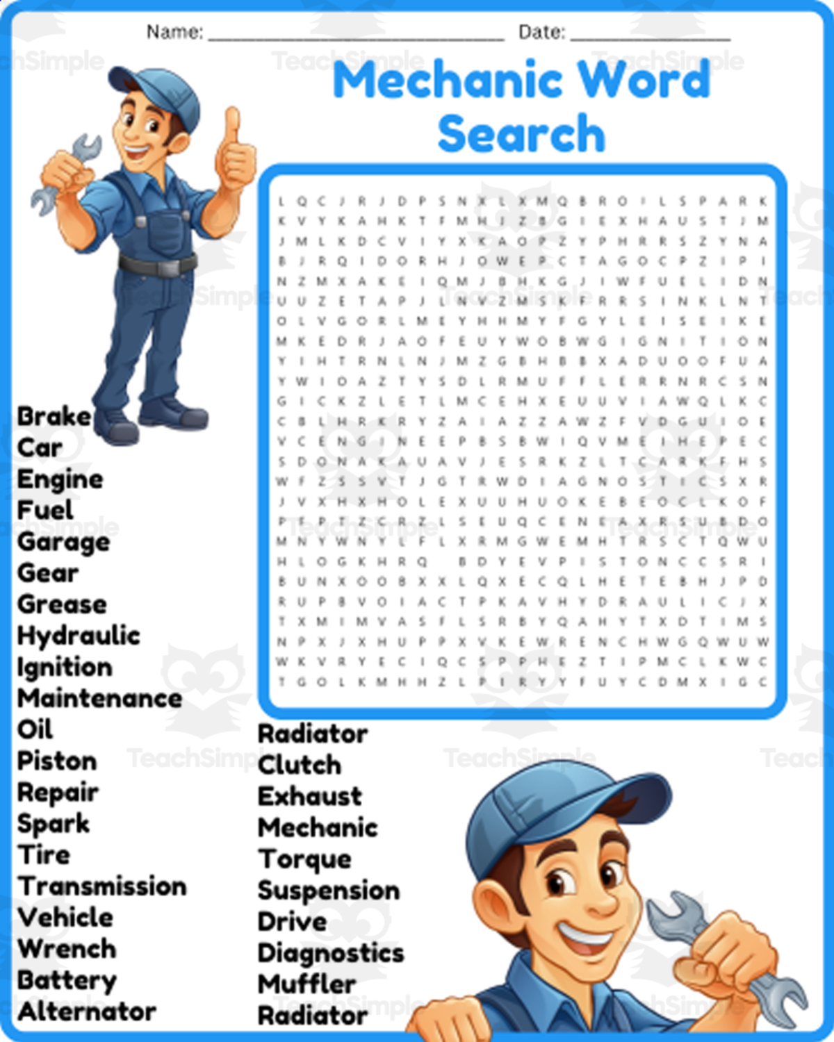 An educational teaching resource from space shope entitled Mechanic Word Search Puzzle Worksheet Activities (6th, 7th, 8th grade downloadable at Teach Simple.