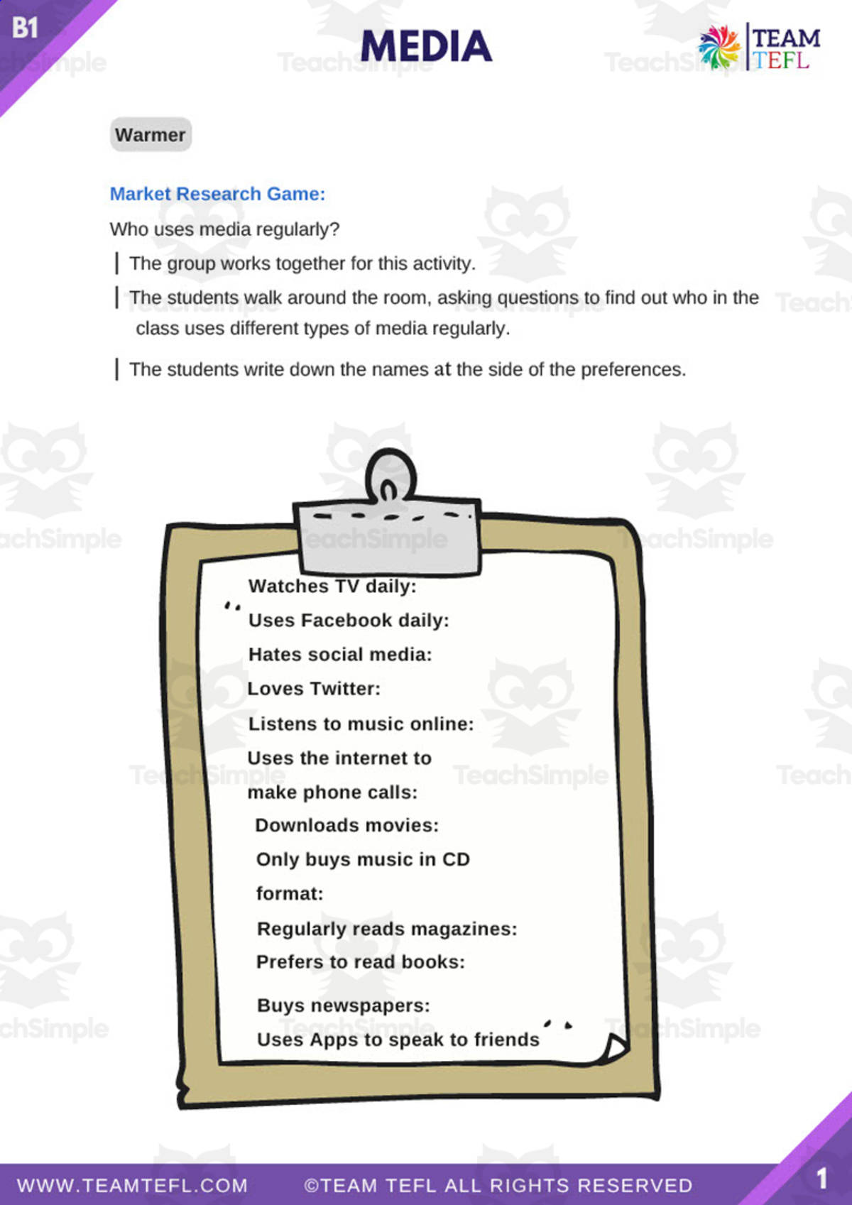 An educational teaching resource from TEAM TEFL entitled Media | Intermediate Lesson Plan downloadable at Teach Simple.