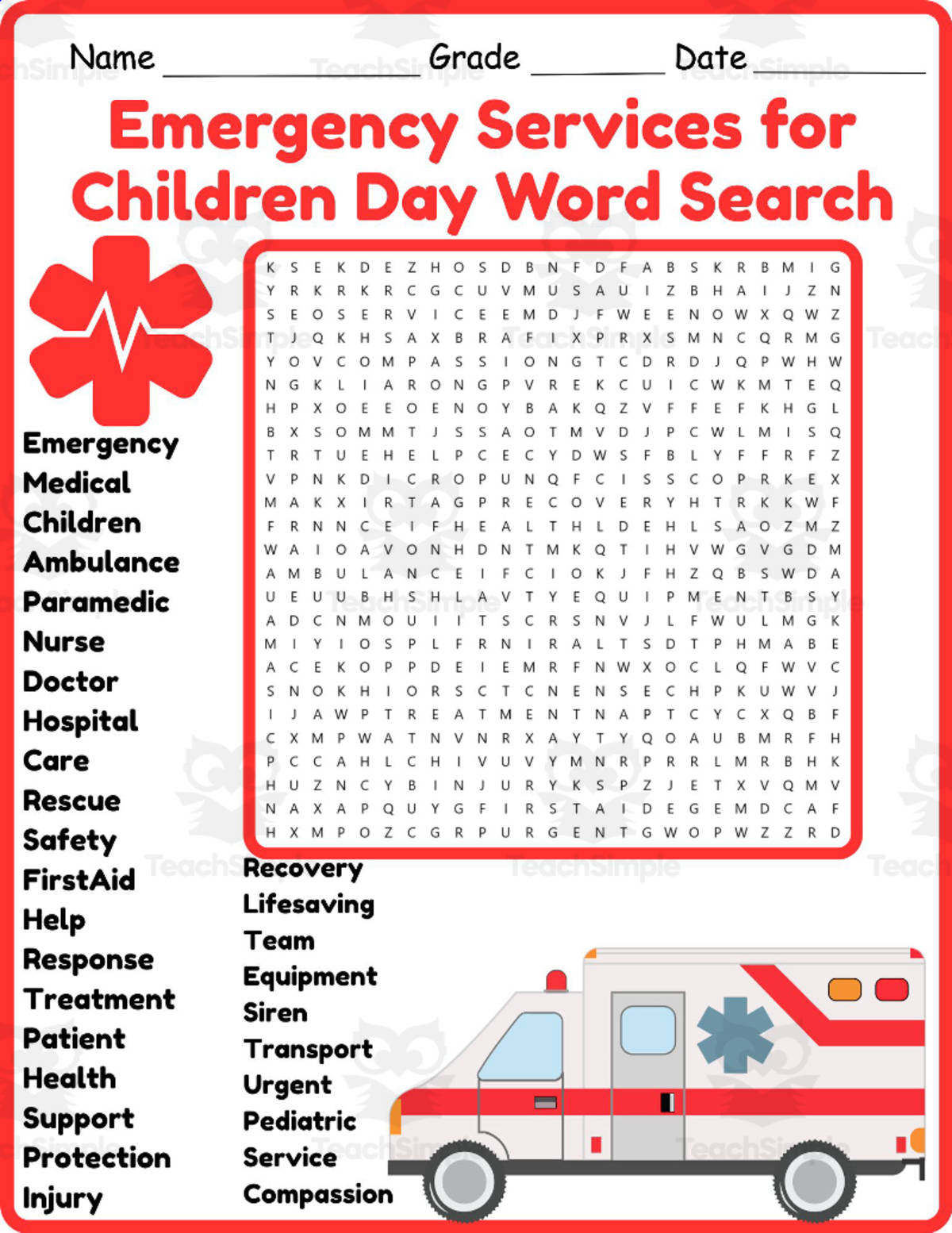 An educational teaching resource from Classsimple entitled Medical Services for Children Day Word Search 2nd 3rd 4th 5th grade downloadable at Teach Simple.