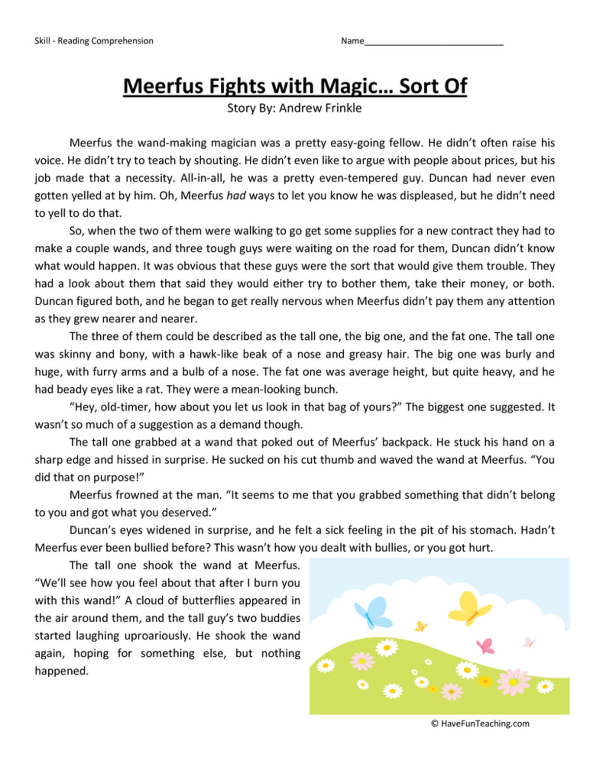 An educational teaching resource from Have Fun Teaching entitled Meerfus Fights with Magic Sort Of Reading Comprehension Worksheet downloadable at Teach Simple.