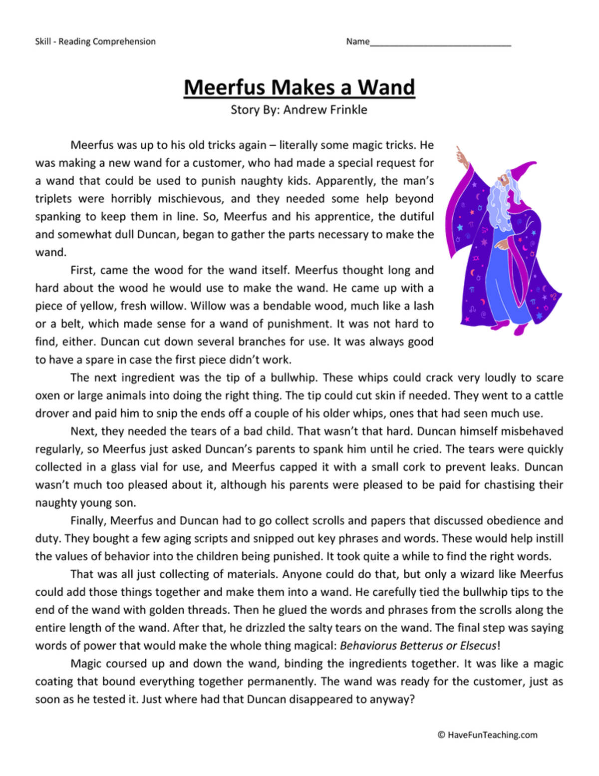 An educational teaching resource from Have Fun Teaching entitled Meerfus Makes a Wand Reading Comprehension Worksheet downloadable at Teach Simple.