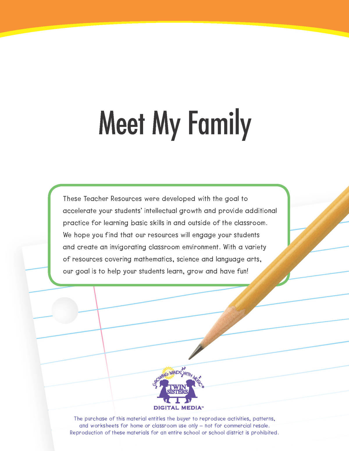 An educational teaching resource from Twin Sisters Digital Media entitled Meet My Family Printable Workbook downloadable at Teach Simple.