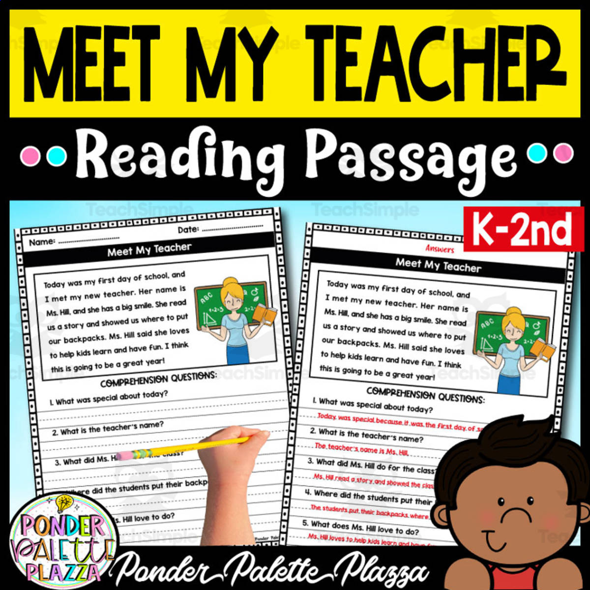 An educational teaching resource from Ponder Palette Plazza entitled Meet My Teacher - Reading Comprehension downloadable at Teach Simple.