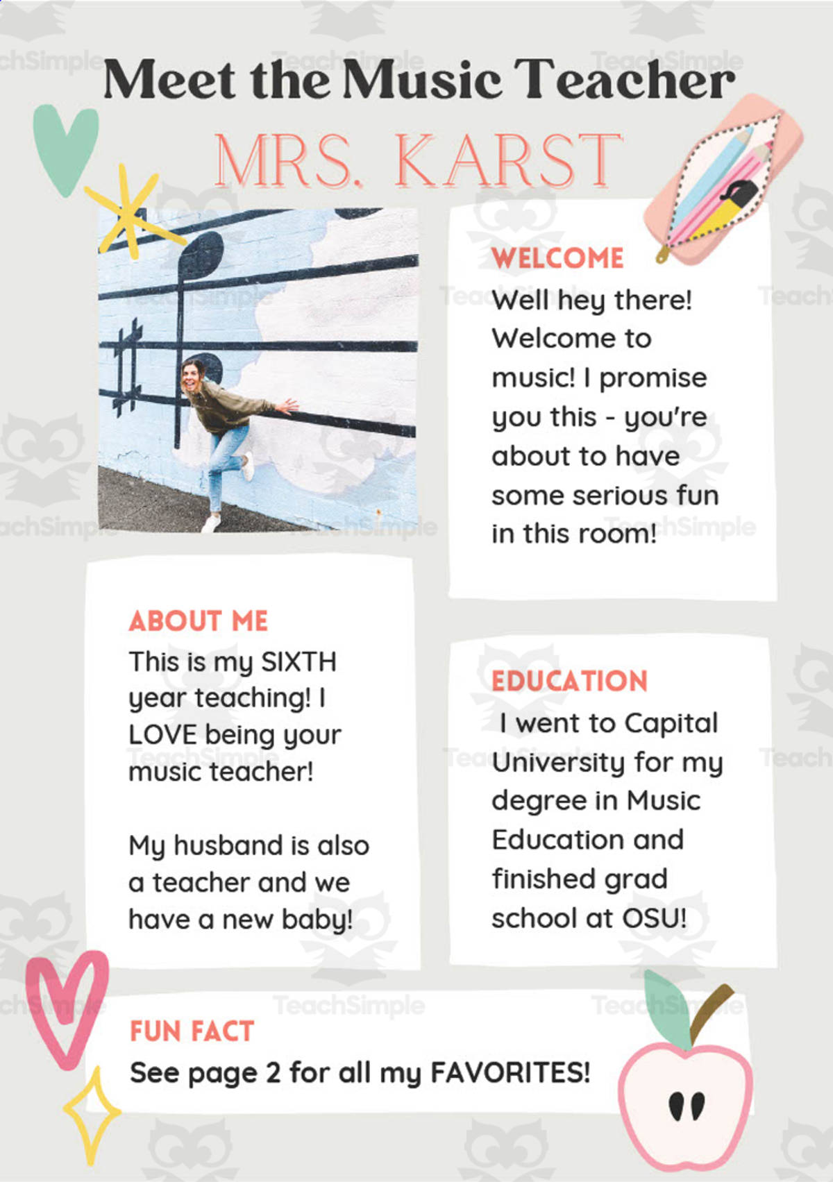 An educational teaching resource from Joyful Noise Teaching entitled Meet the Music Teacher downloadable at Teach Simple.