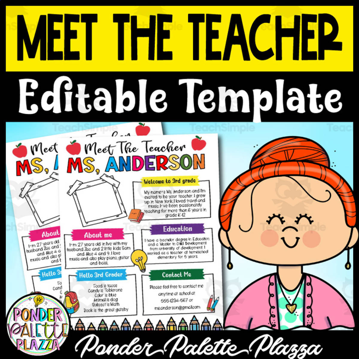 An educational teaching resource from Ponder Palette Plazza entitled Meet the Teacher - Editable Template downloadable at Teach Simple.