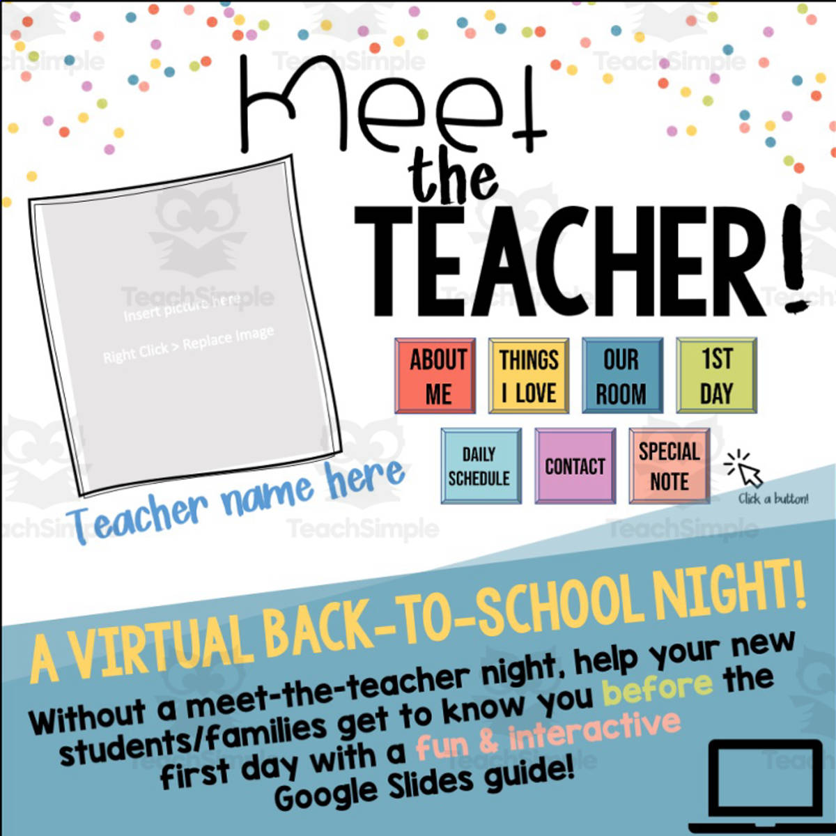 An educational teaching resource from The Language of Learning entitled Meet the Teacher Presentation downloadable at Teach Simple.