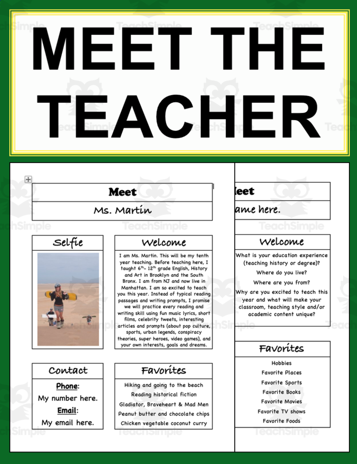 An educational teaching resource from English with Ease entitled Meet the Teacher downloadable at Teach Simple.