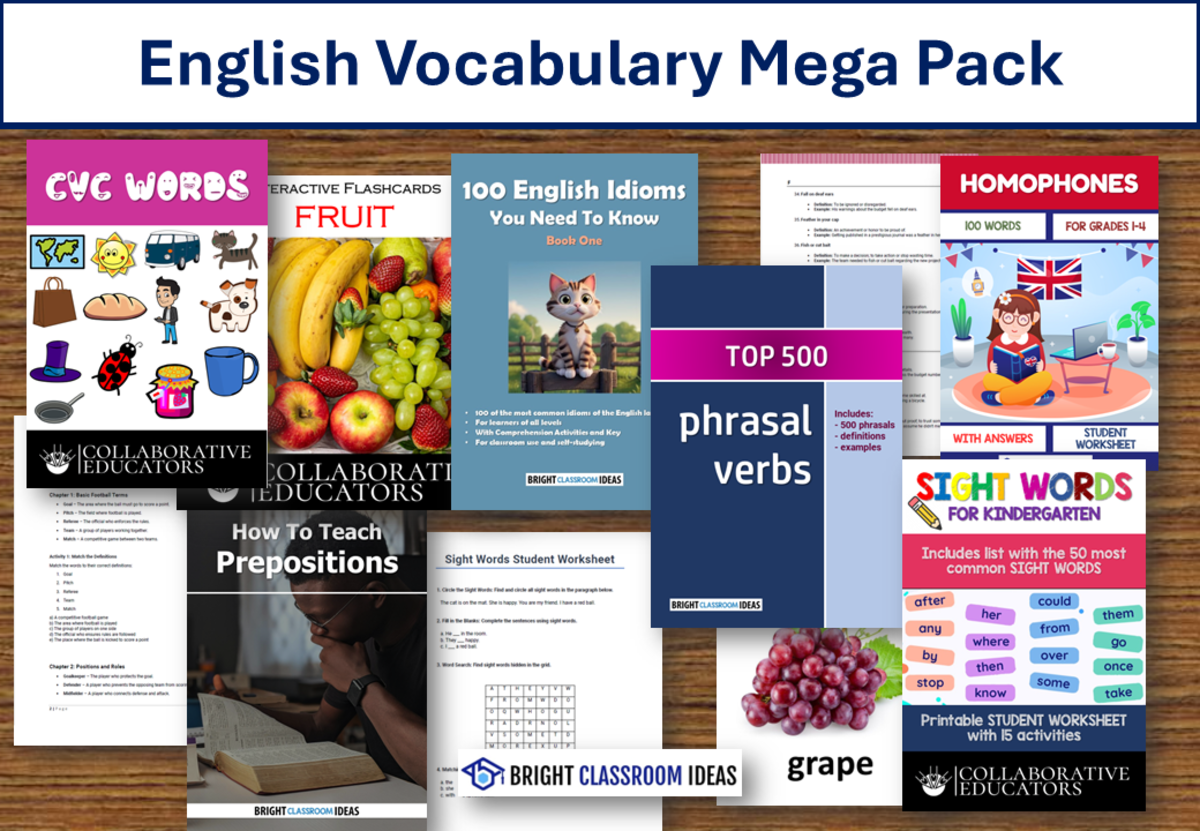 An educational teaching resource from Bright Classroom Ideas Marketplace entitled Mega English Vocabulary Pack – 13 ESL Printable & Digital Resources downloadable at Teach Simple.